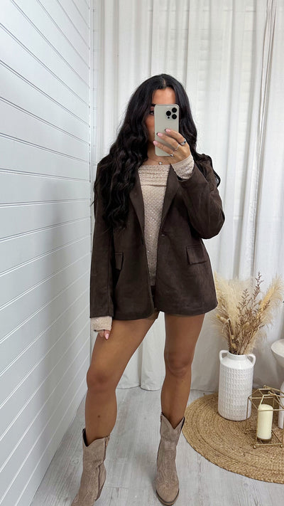Suede Tailored Fit Blazer - BROWN