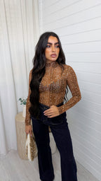 Deer Print Mesh Bodysuit - CARAMEL