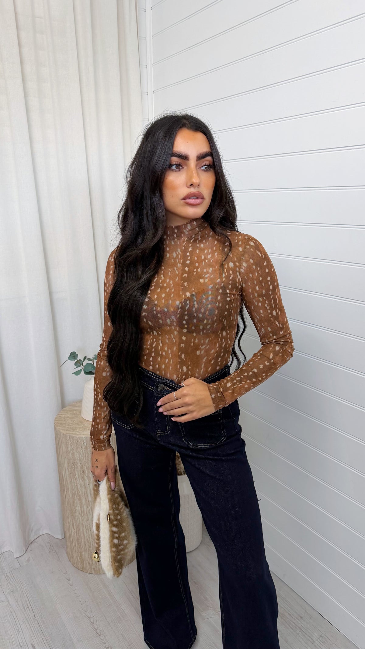 Deer Print Mesh Bodysuit - CARAMEL