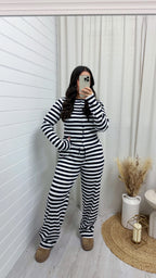 Stripe Knit Cardigan and Straight Leg Joggers Co-Ord - NAVY/WHITE
