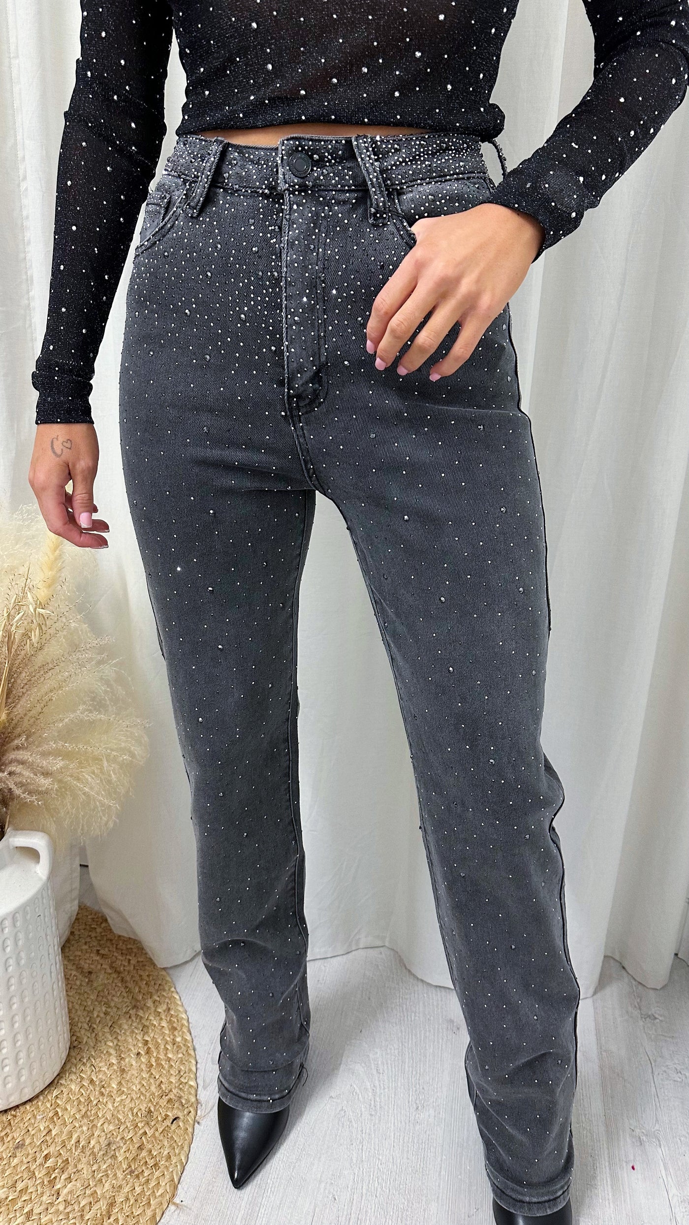 Sparkly Rhinestone Cluster Jeans - BLACK