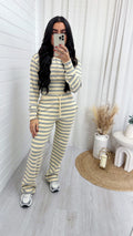 Striped Cinch Crop Top and Trousers Rib Co-Ord - LEMON/GREY