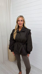 Cap Shoulder Belted Trench Jacket - BROWN