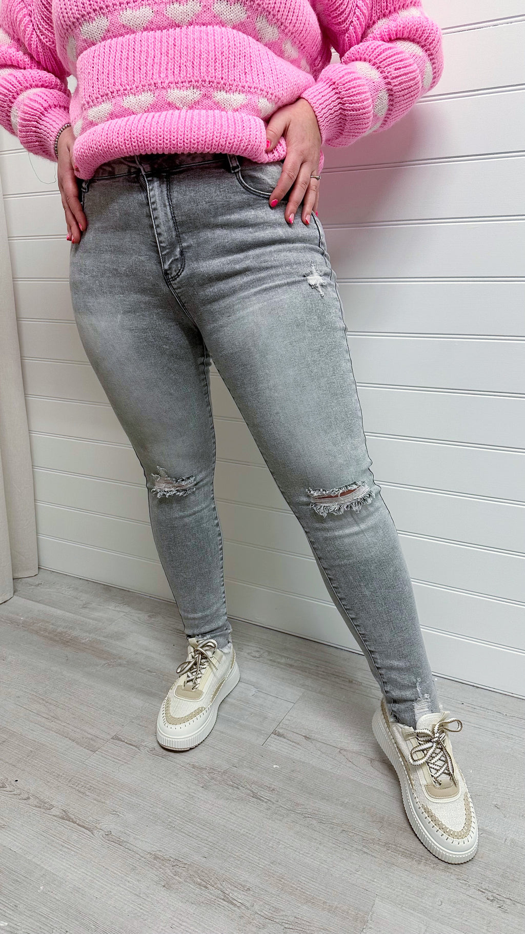PLUS High Waisted Stretchy Ripped Skinny Jeans - GREY