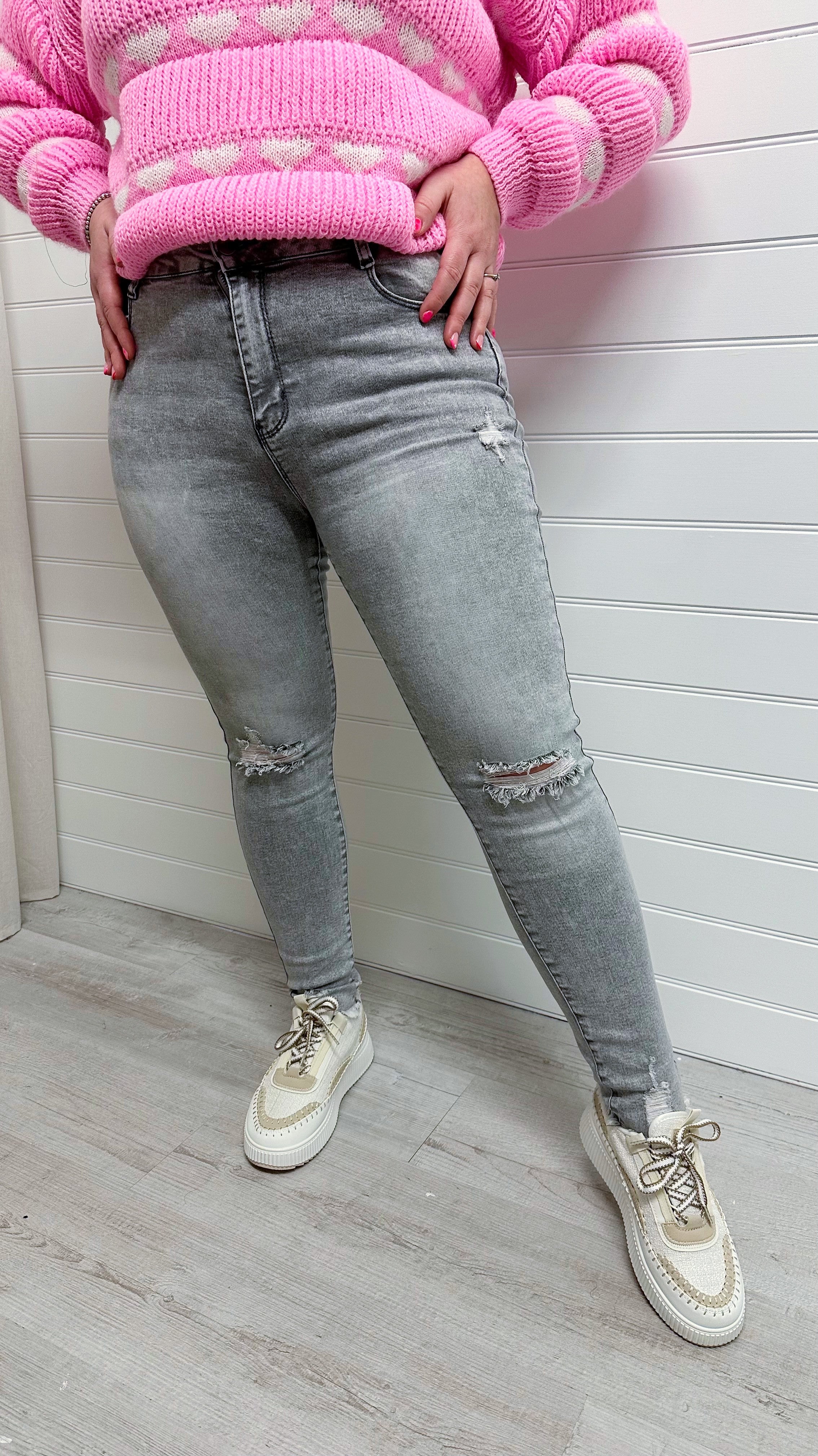 PLUS High Waisted Stretchy Ripped Skinny Jeans - GREY