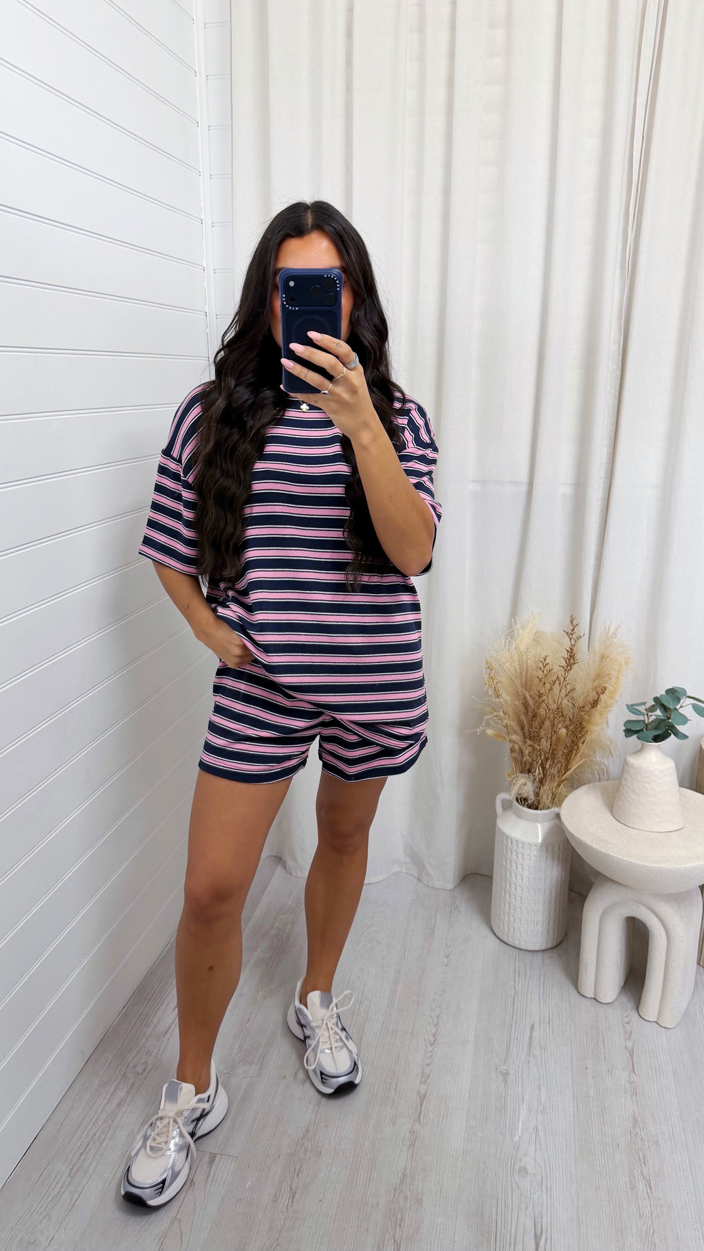Oversized Stripe T-Shirt and Shorts Co-Ord - NAVY