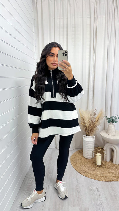 Stripey Block Colour Half Zip Sweatshirt - BLACK