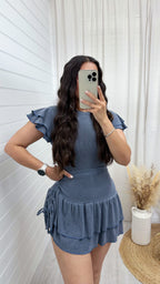 Frill Sleeve Top and Frill Ruched Skirt Co-Ord - DENIM BLUE