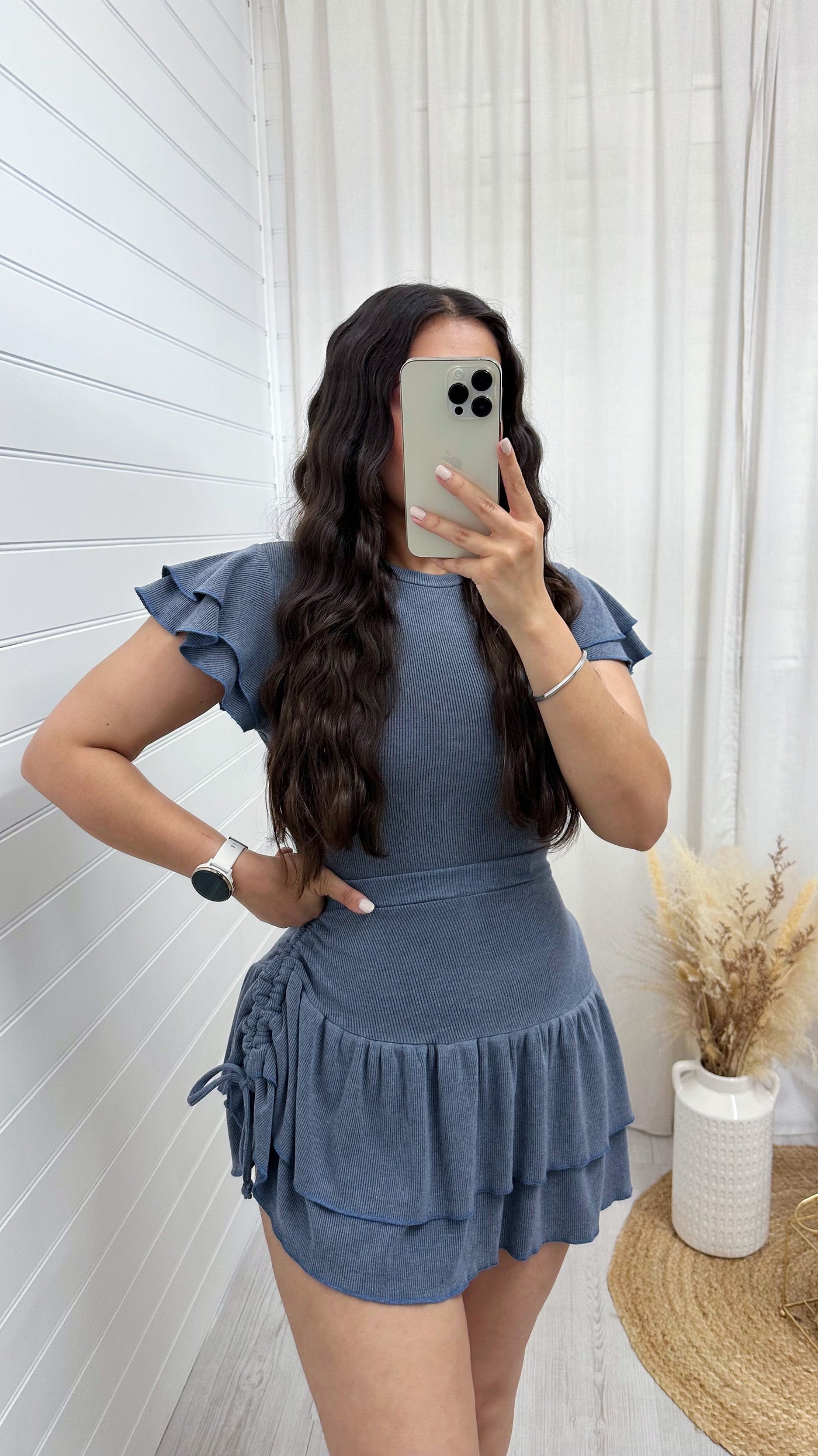 Frill Sleeve Top and Frill Ruched Skirt Co-Ord - DENIM BLUE