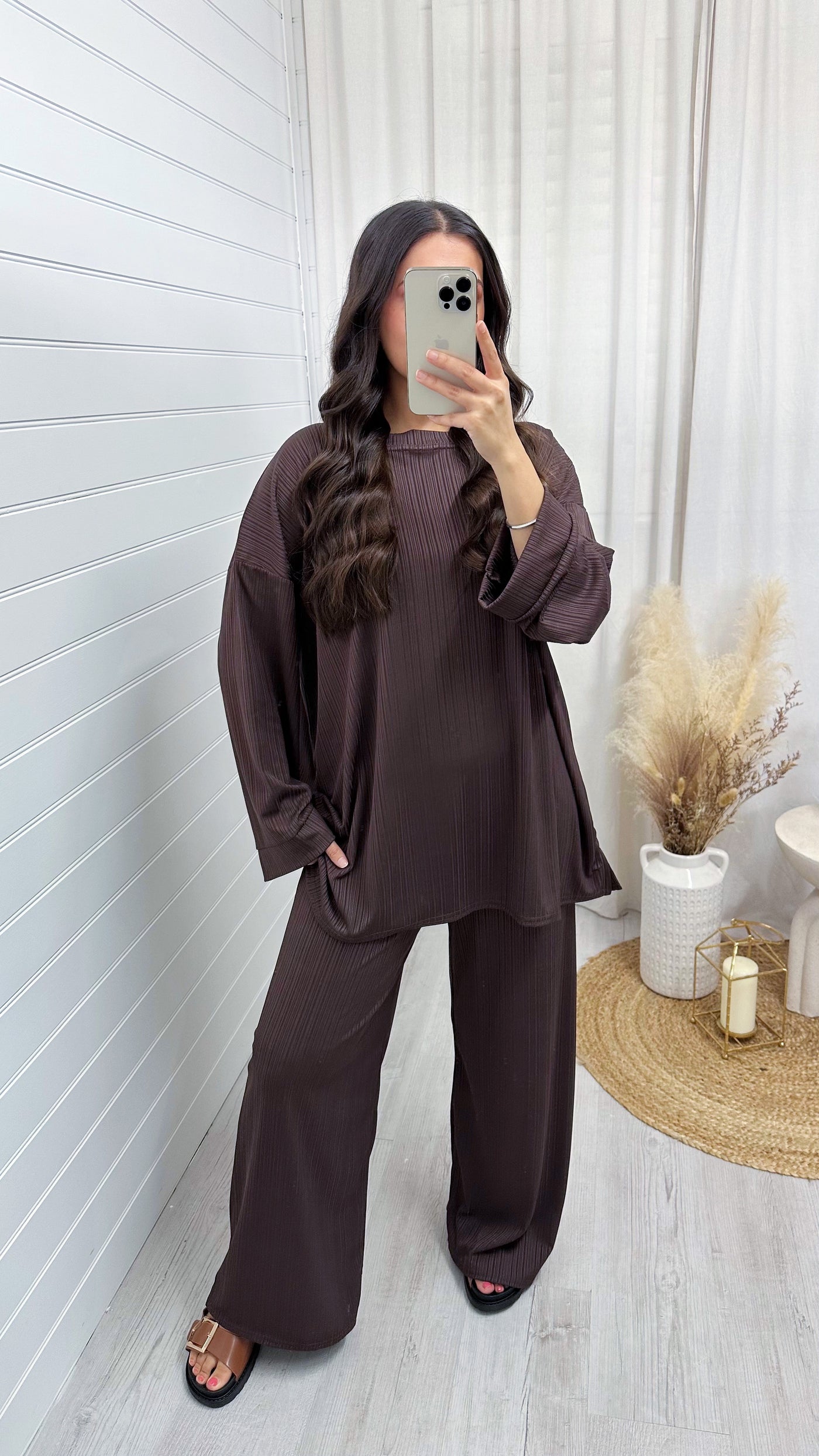 Long Sleeve Ribbed Top and Trousers Co-Ord - BROWN