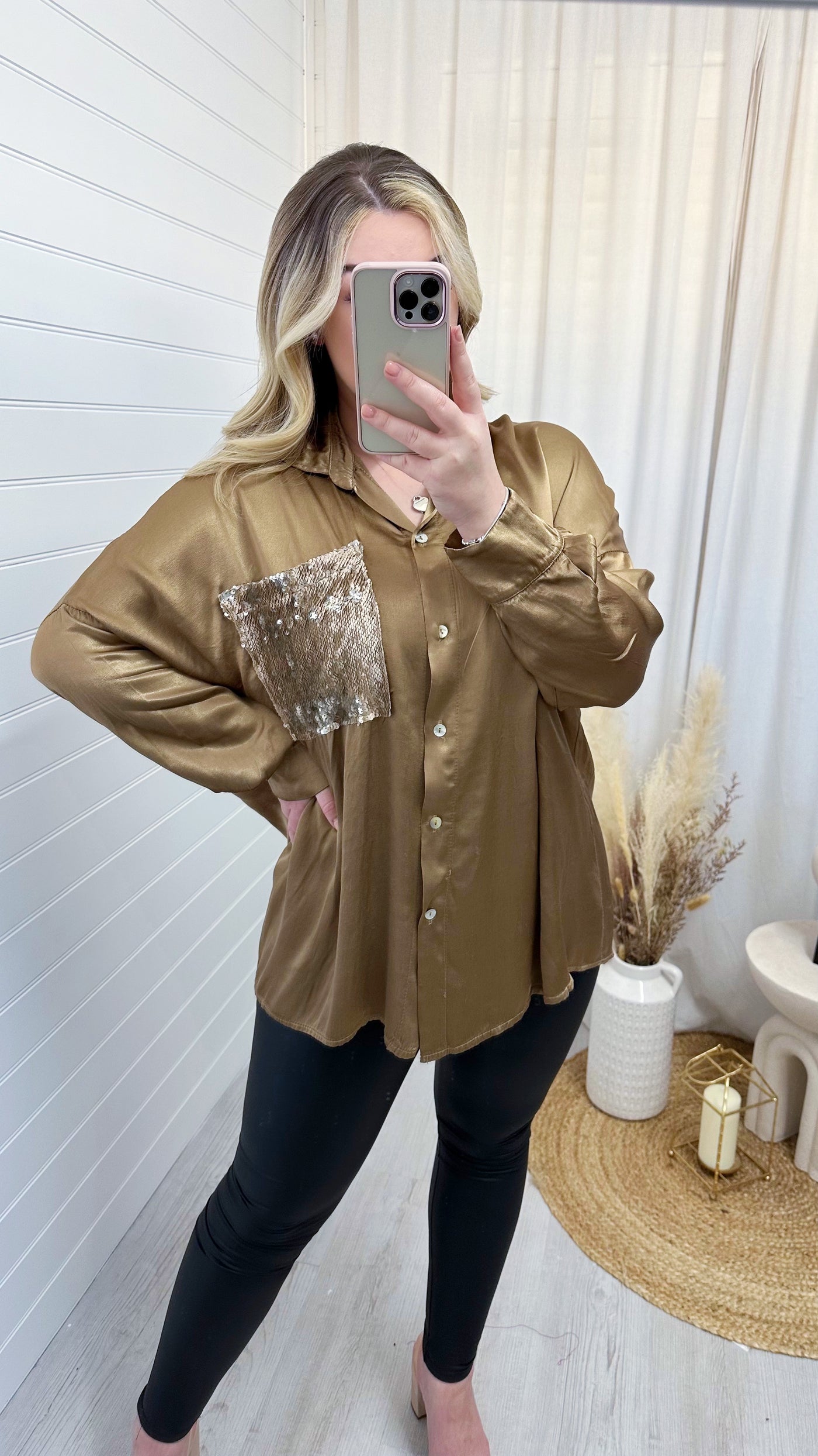 Satin Sequin Pocket Shirt -  BRONZE