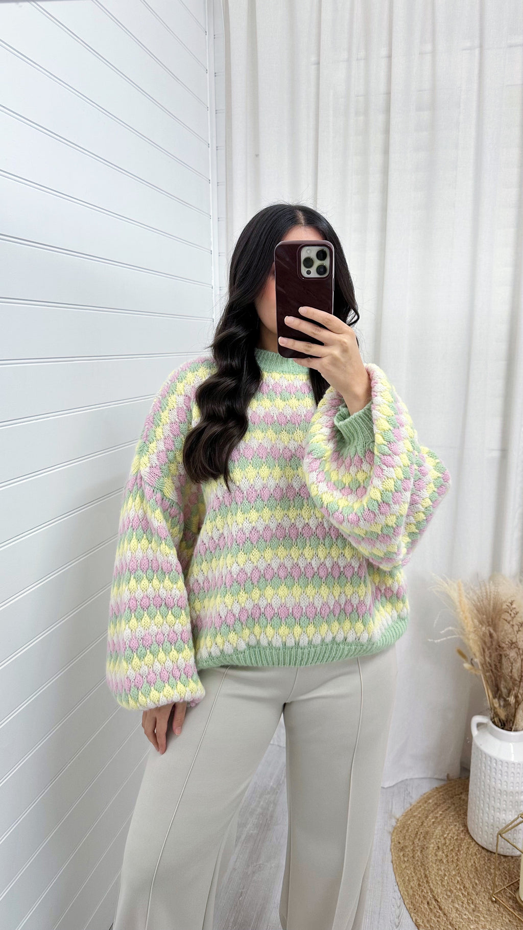 Bubble Knit Balloon Sleeve Jumper - MULTI PASTEL