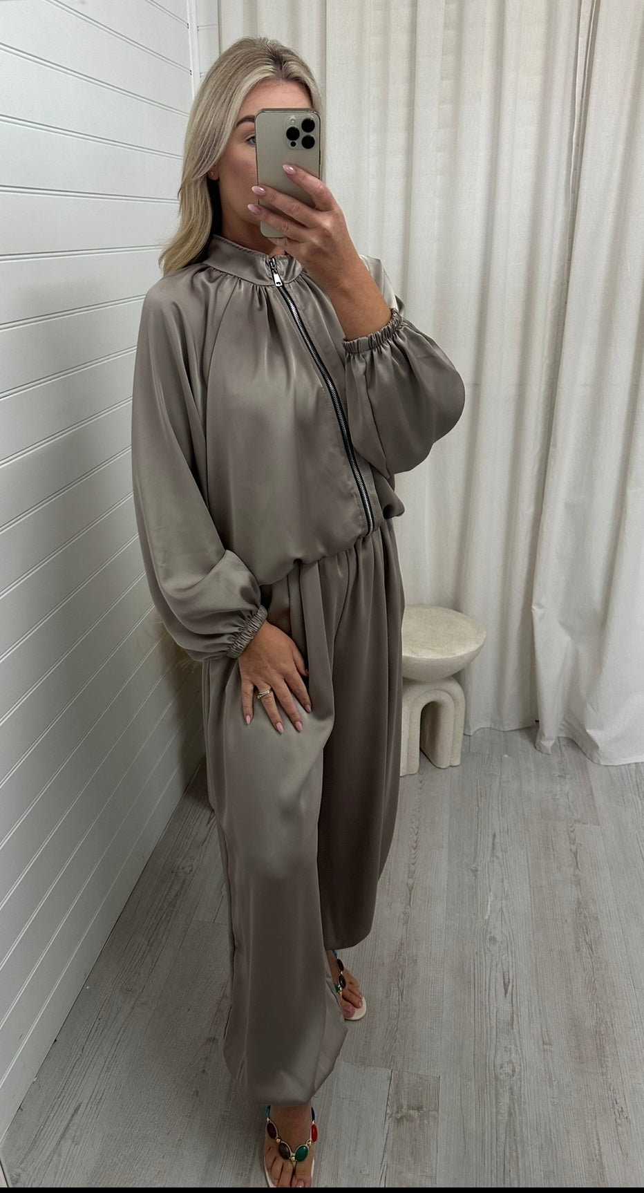 Satin Balloon Trouser Co-Ord - GREIGE