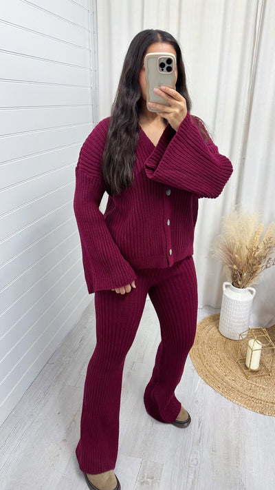 Chunky Knit Cardigan and Flares Co-Ord - WINE