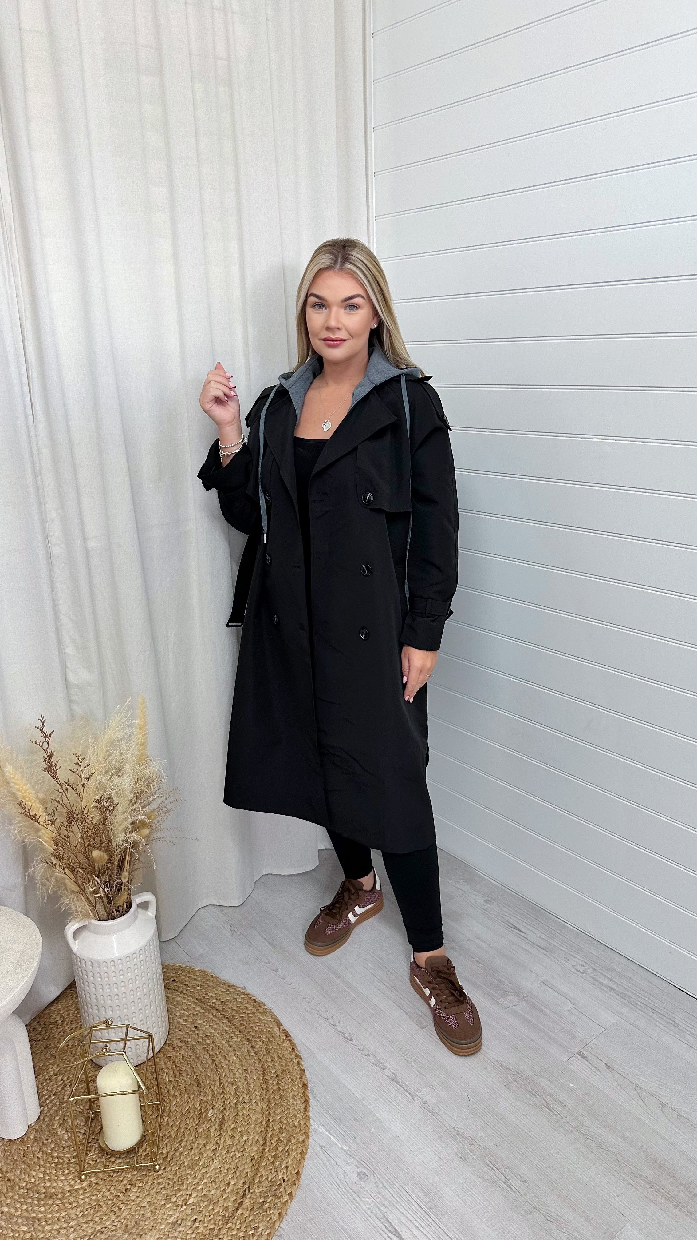 Premium Hooded Lightweight Mac - BLACK/GREY