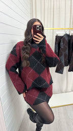 Argyle Woollen Jumper and Skirt Co-Ord - WINE