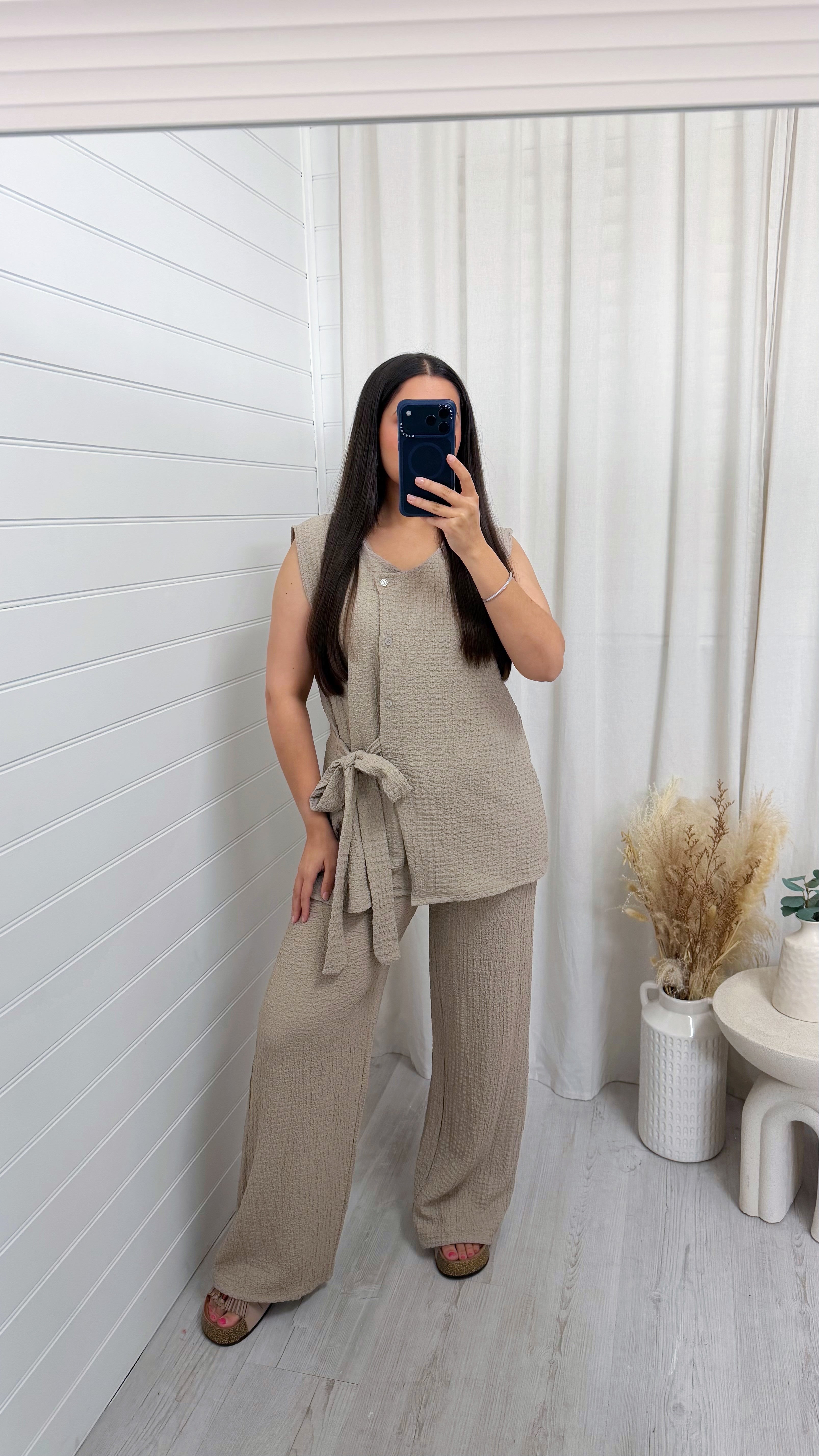 Wrap Over Sleeveless Top and Trousers Co-Ord - BEIGE