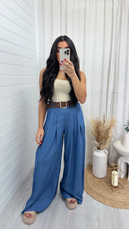 Belted Wide Leg Trousers - DENIM BLUE
