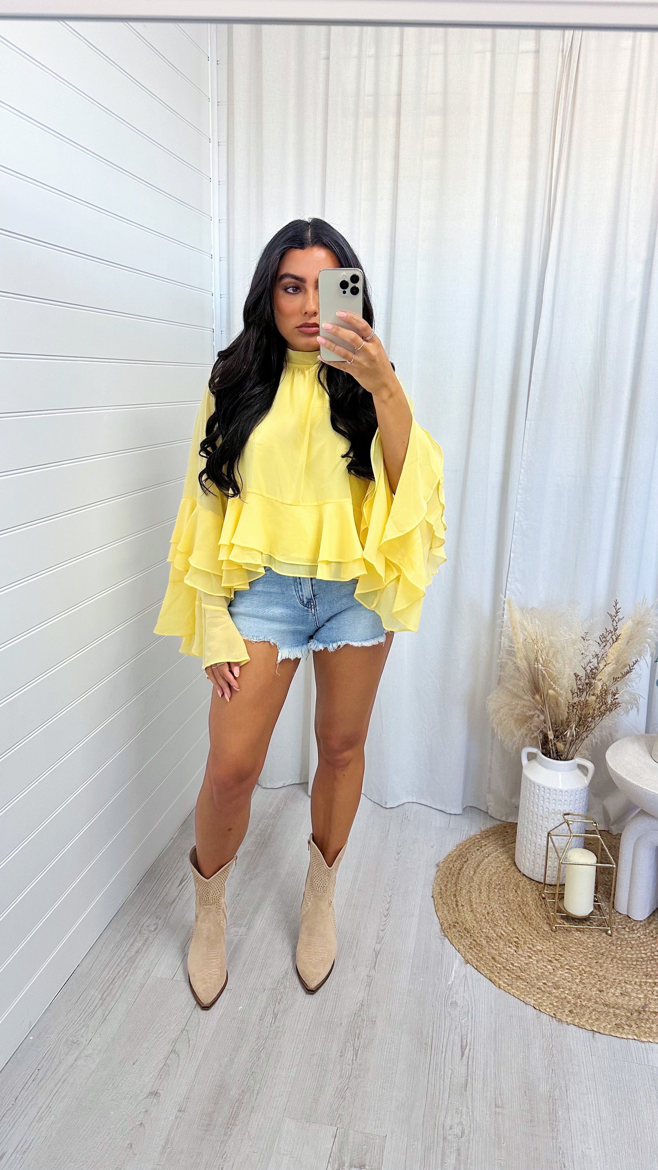Sheer Bell Sleeve Frill Hem Blouse - LEMON