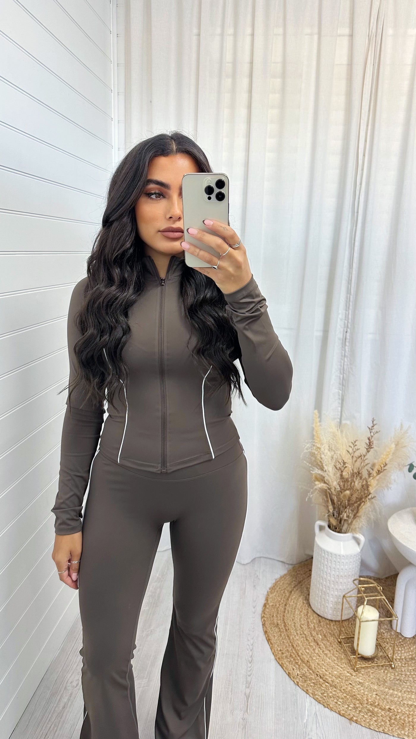 Contrast Seam Body Sculpt Jacket and Flares Co-Ord - BROWN
