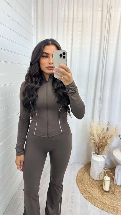 Contrast Seam Body Sculpt Jacket and Flares Co-Ord - BROWN
