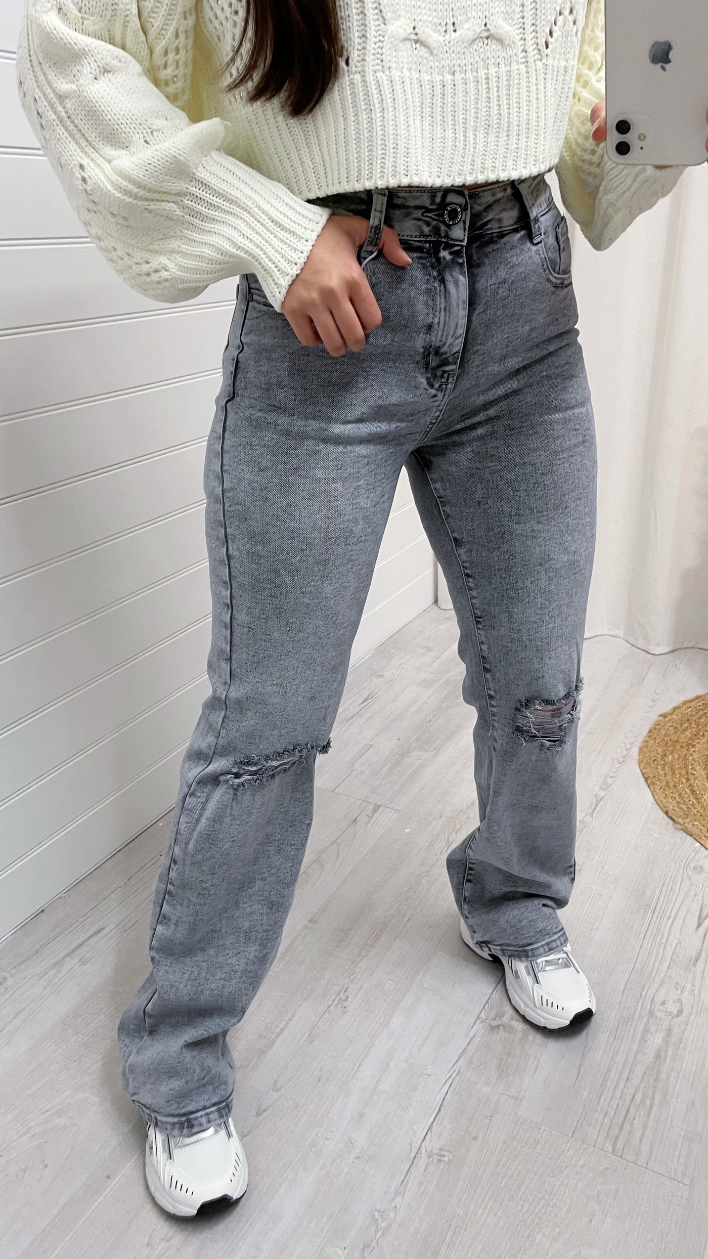 High Waisted Ripped Knee Straight Leg Jeans - GREY