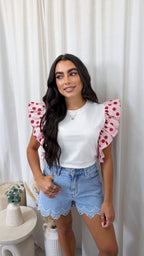 Frill Shoulder Polka Dot T-Shirt - WHITE