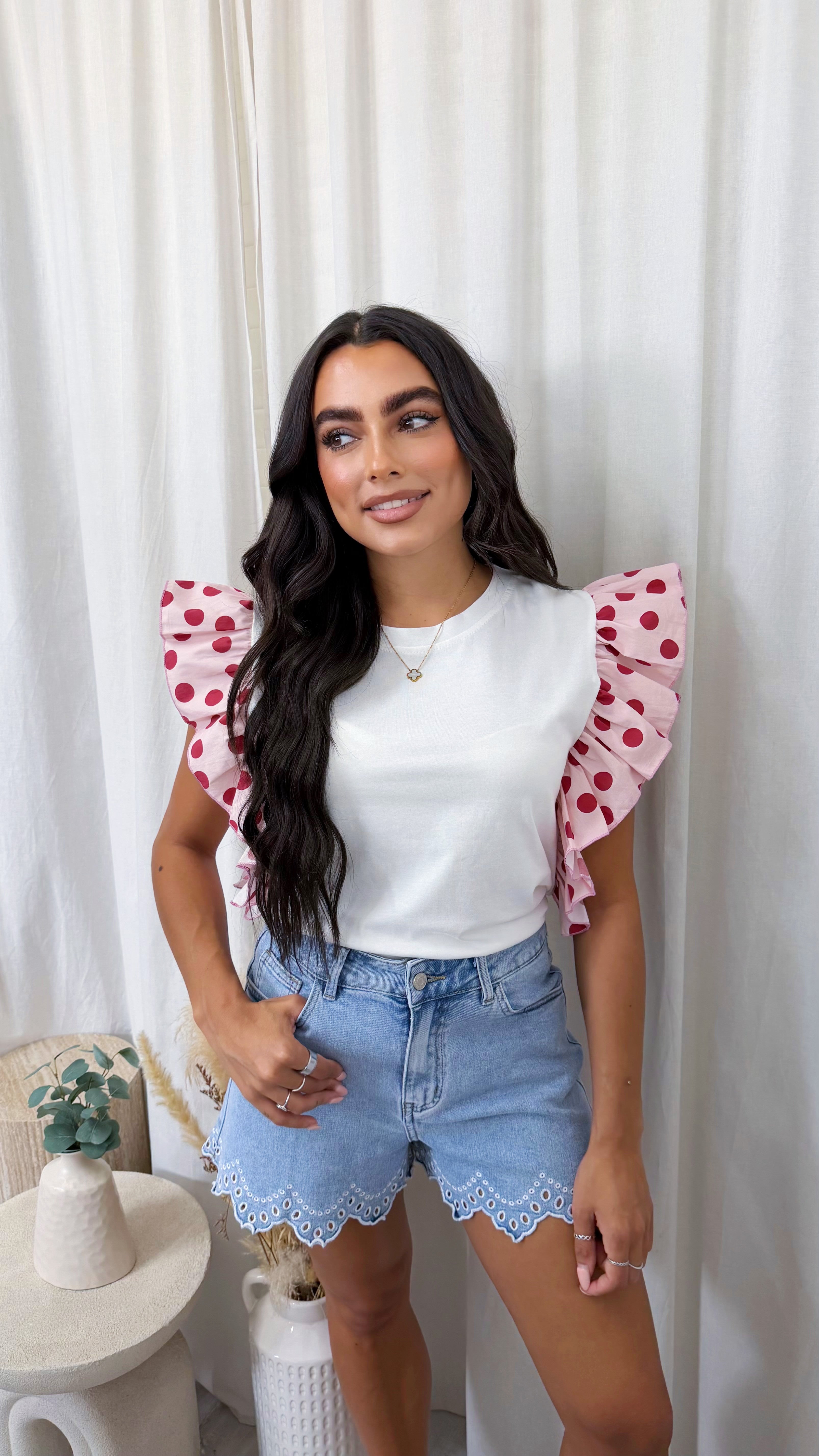 Frill Shoulder Polka Dot T-Shirt - WHITE
