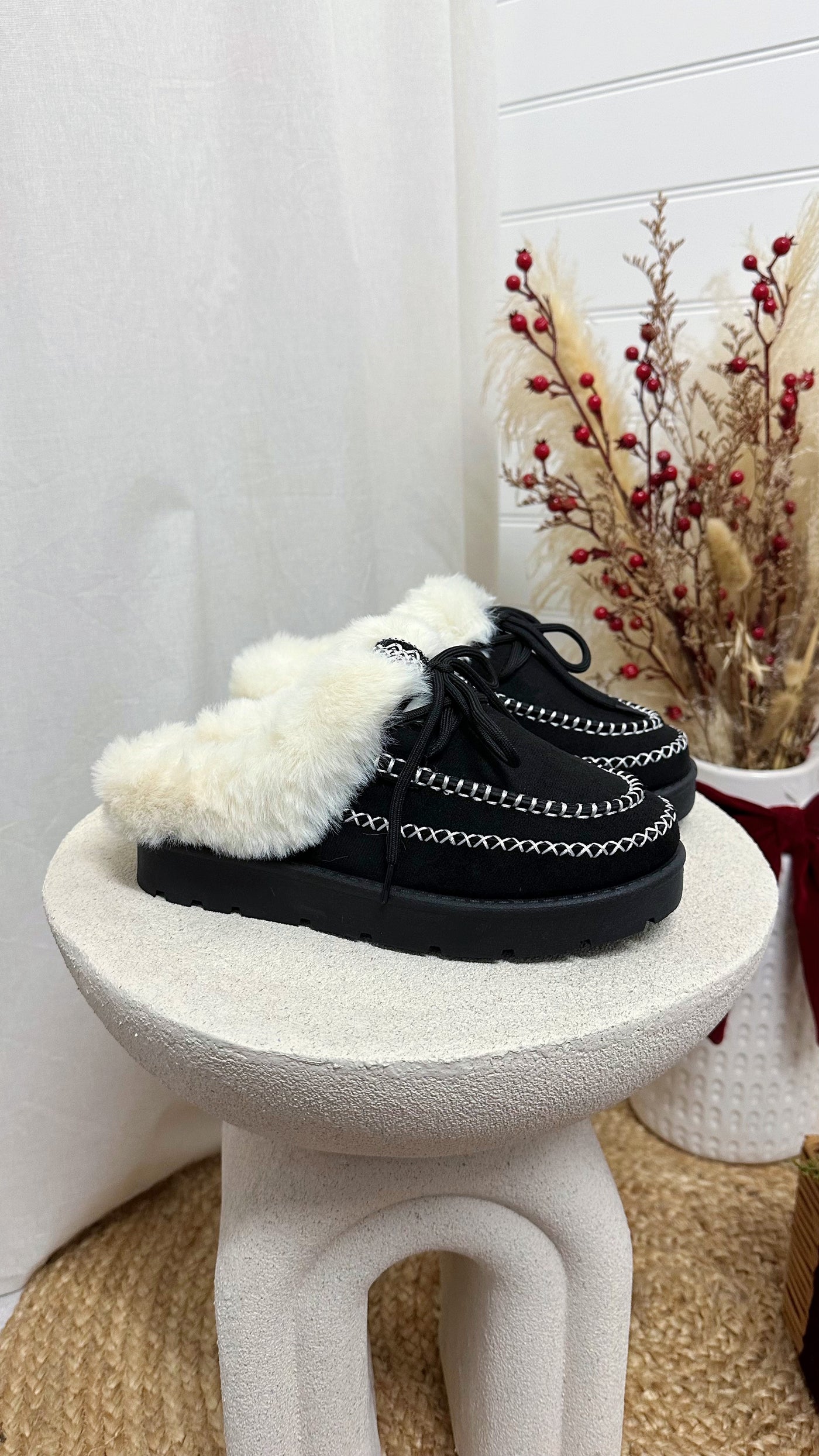Fur Lined Embroidered Mules - BLACK