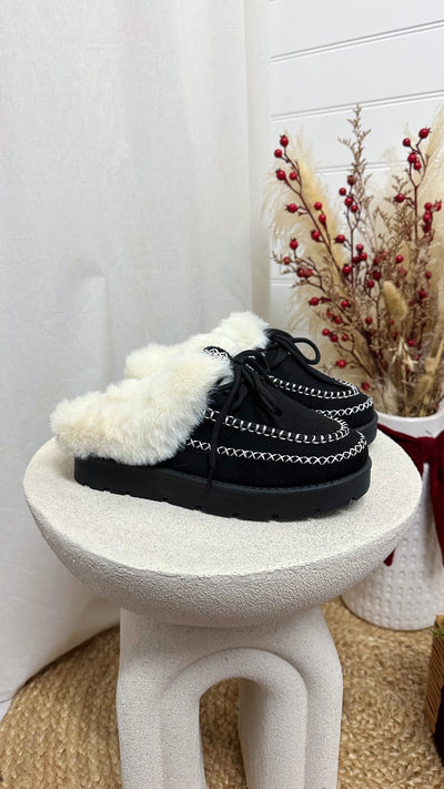 Fur Lined Embroidered Mules - BLACK