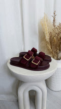 Gold Buckle Double Strap Suede Sliders - BURGUNDY