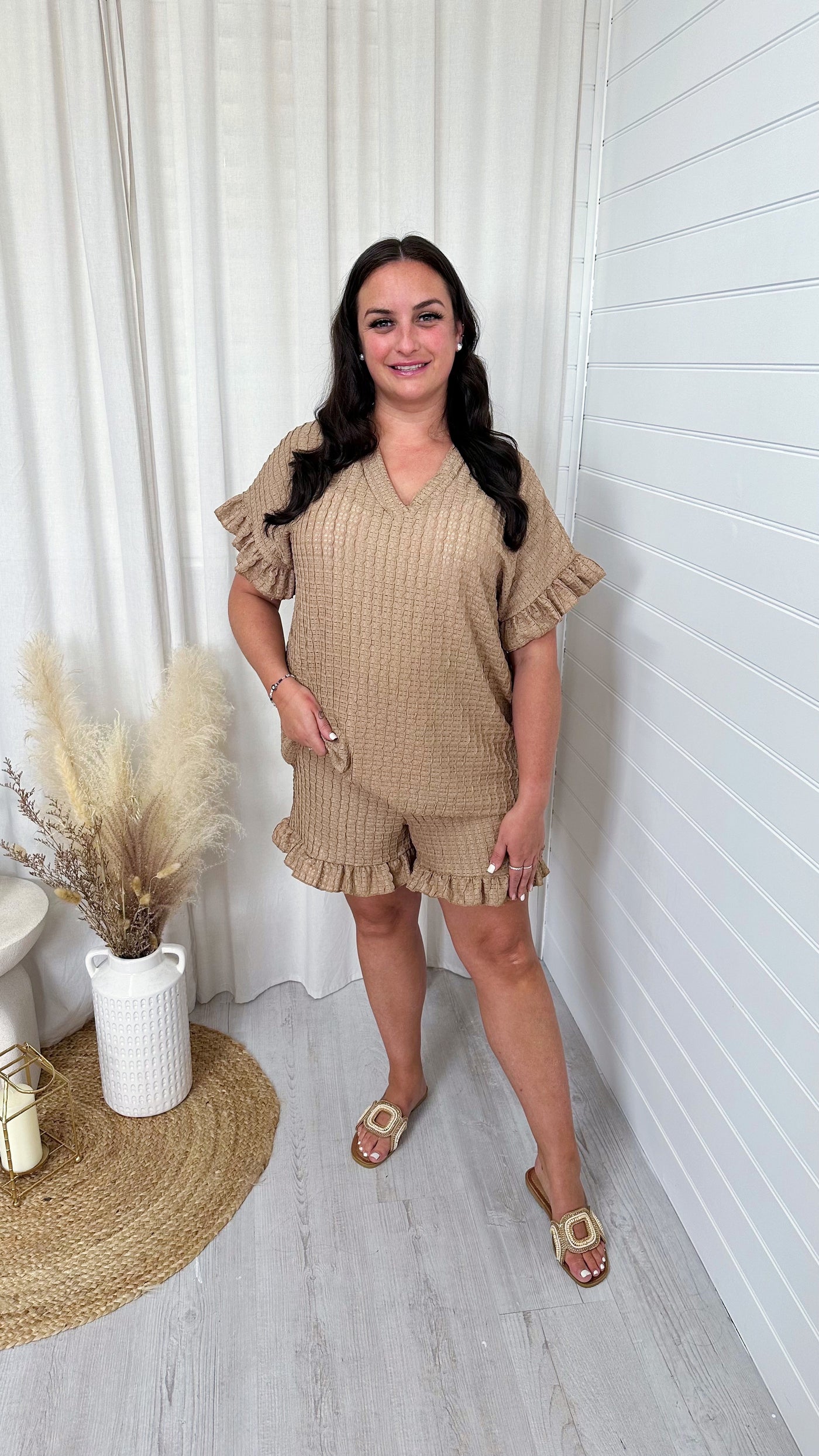 PLUS Waffle V-Neck Frill Top and Shorts Co-Ord - TAUPE