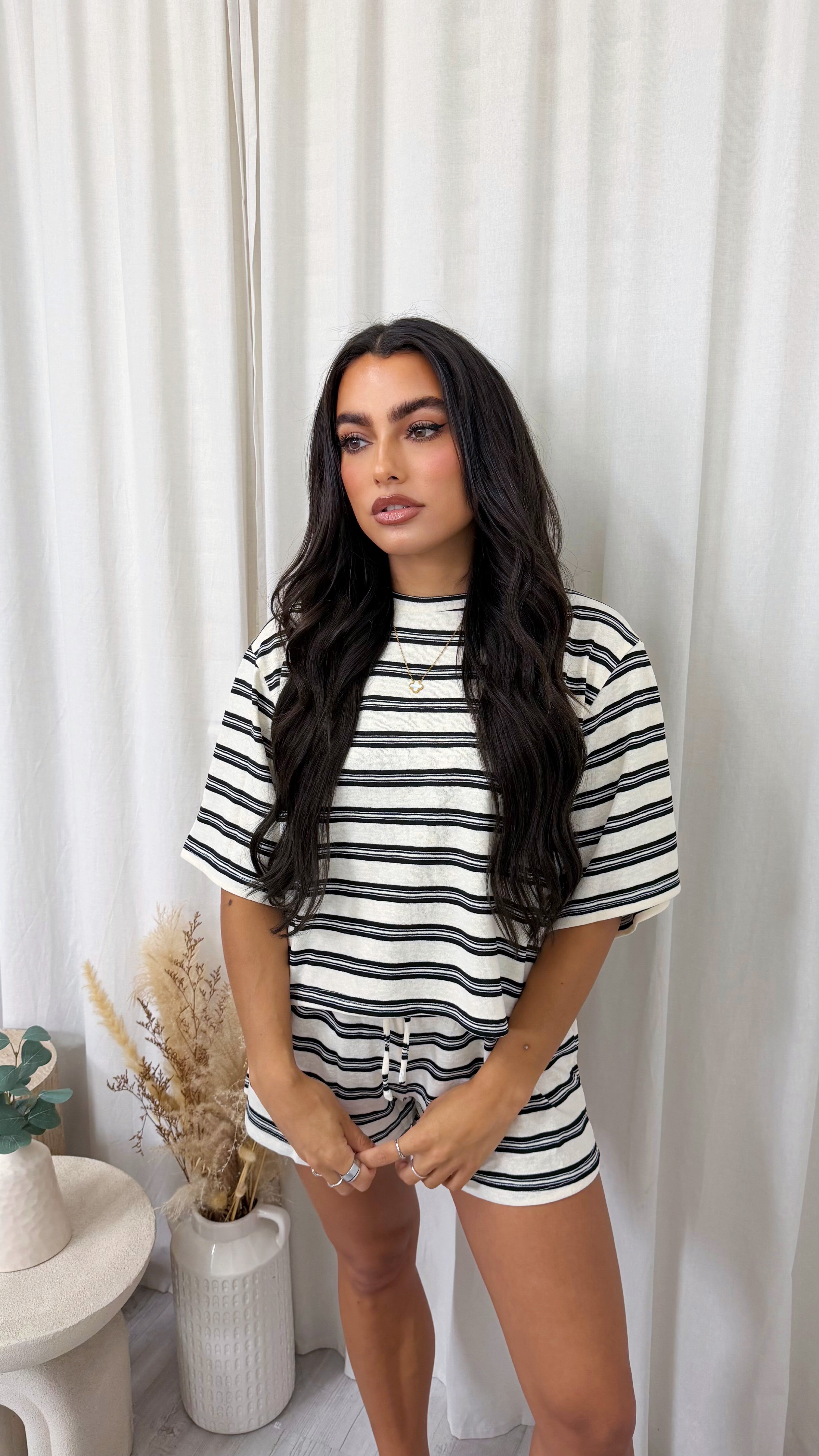Stripey Cotton Crop Top and Shorts Co-Ord - WHITE