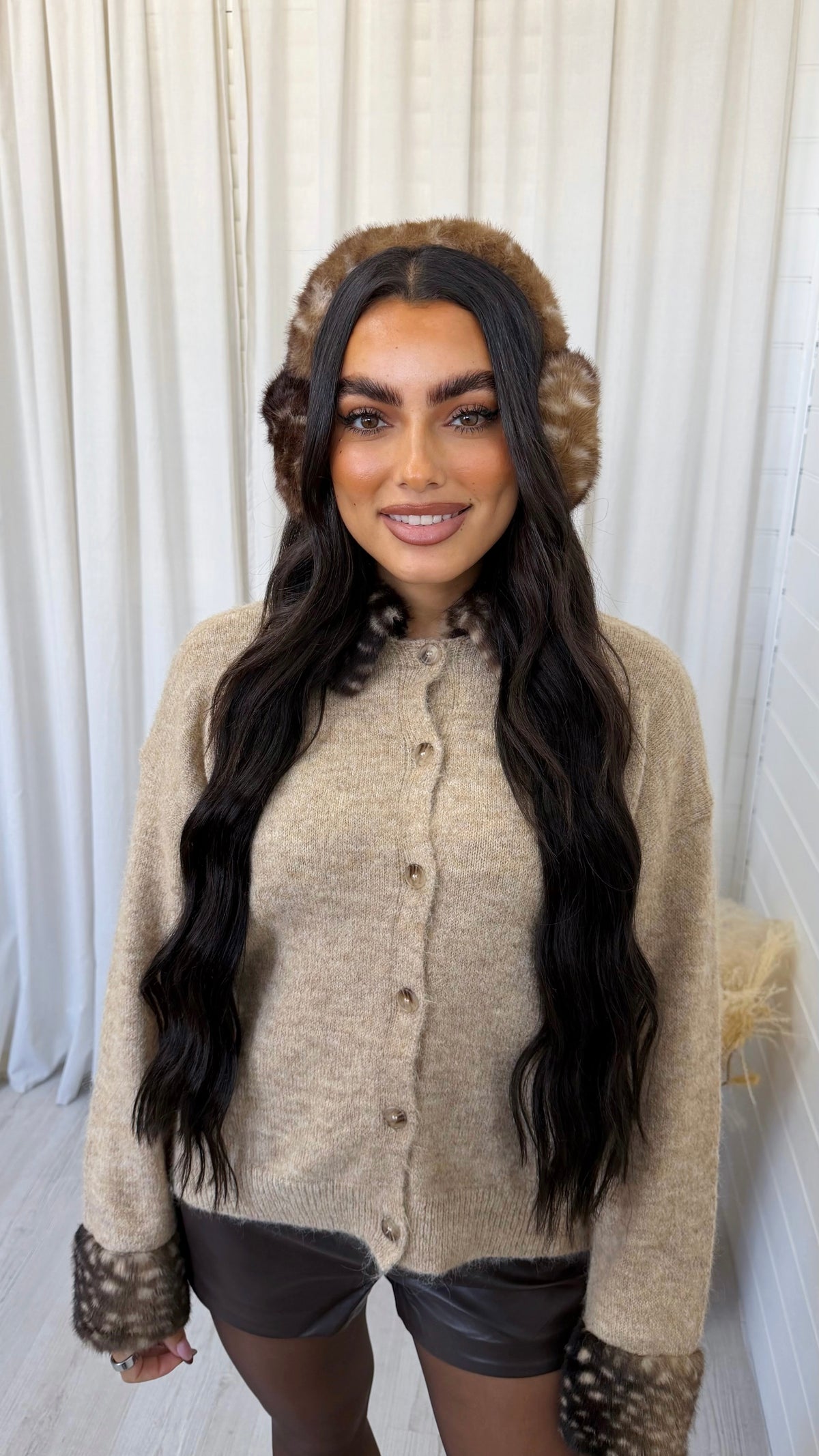Faux Fur Deer Print Ear Muffs - DARK BEIGE