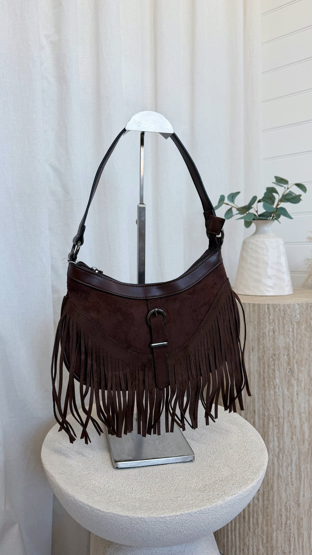 Suede Fringe Shoulder Bag - BROWN