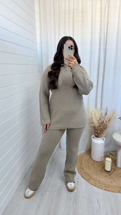 Chunky Knitted Quarter Zip Top and Trousers Co-Ord - MOCHA