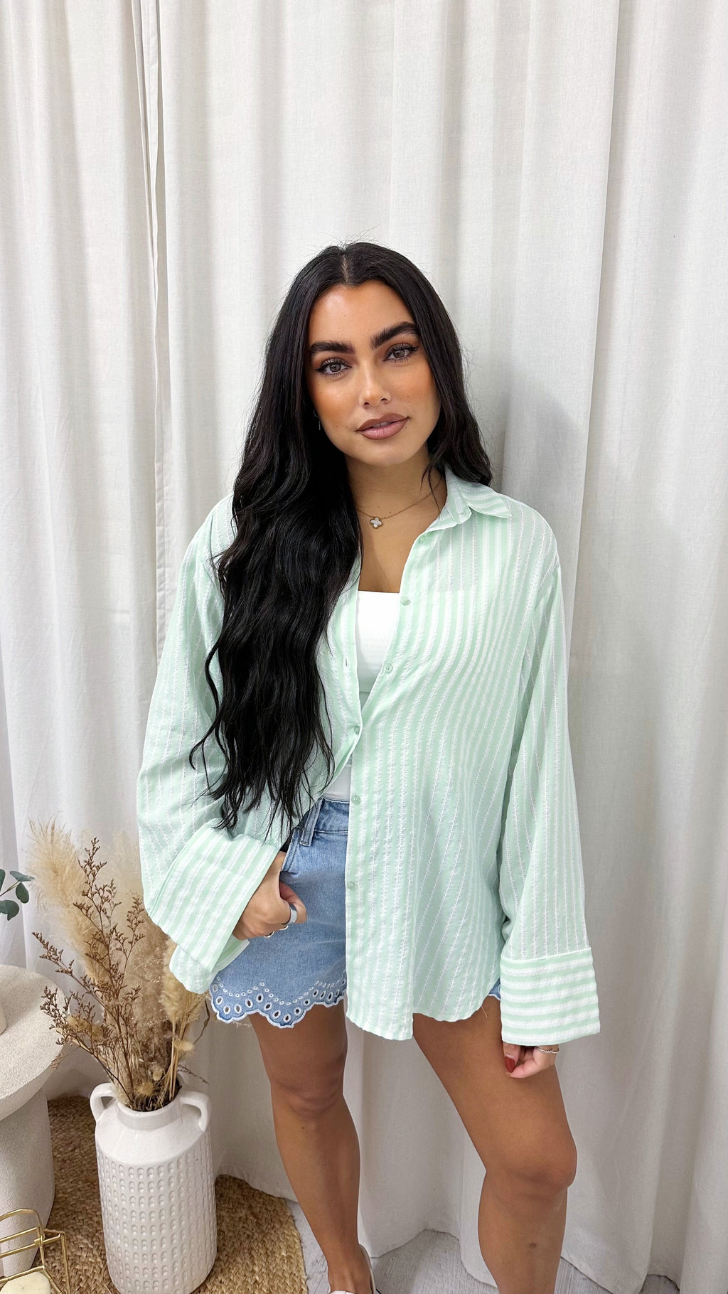Pinstripe Oversized Cotton Shirt - MINT