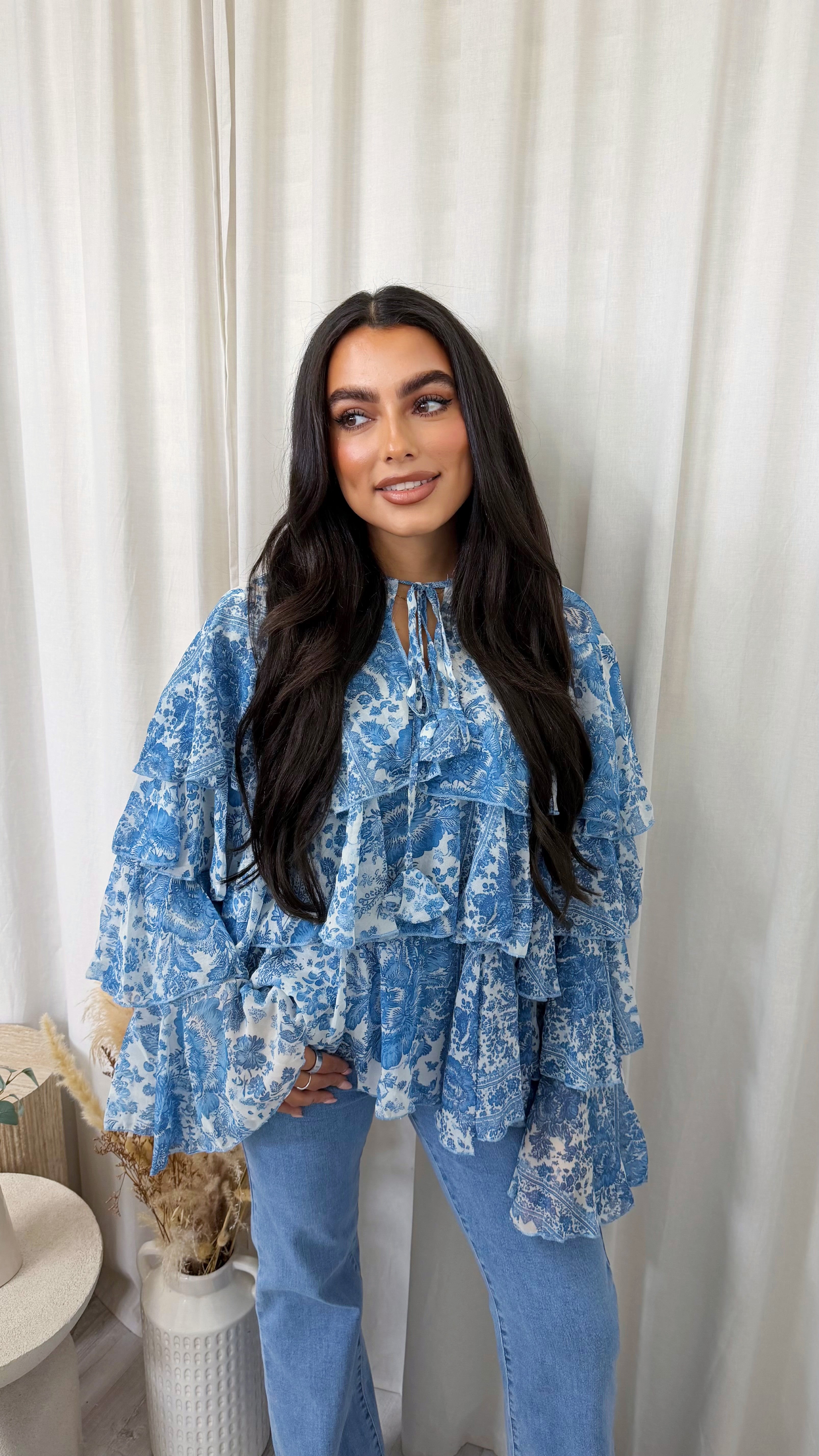 Vintage Floral Frill Layered Blouse - BLUE