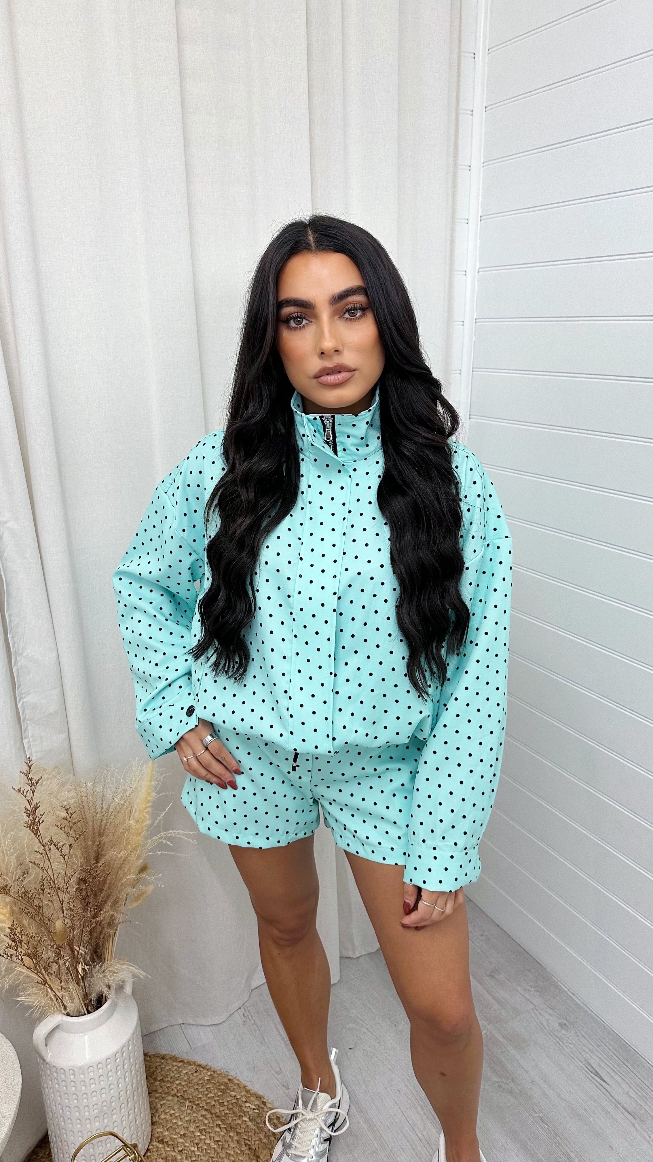 Polka Dot Bomber Jacket and Shorts Co-Ord - TEAL