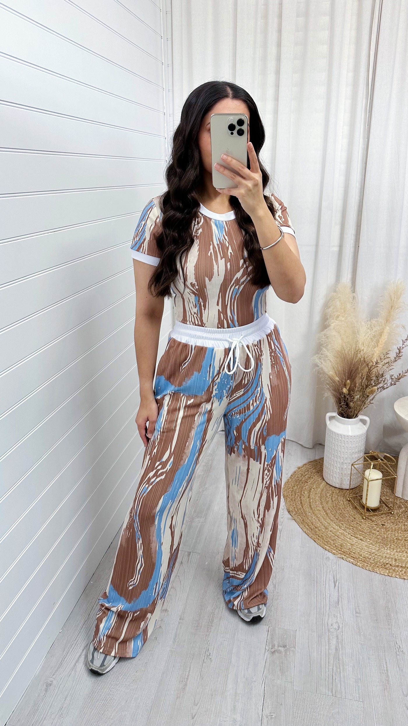 Marble Ribbed White Trim Crop Top and Trouser Co-Ord - BLUE/BEIGE