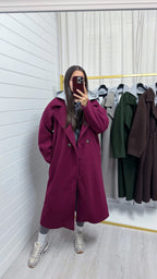 Oversized Woollen Hooded Mac - BERRY