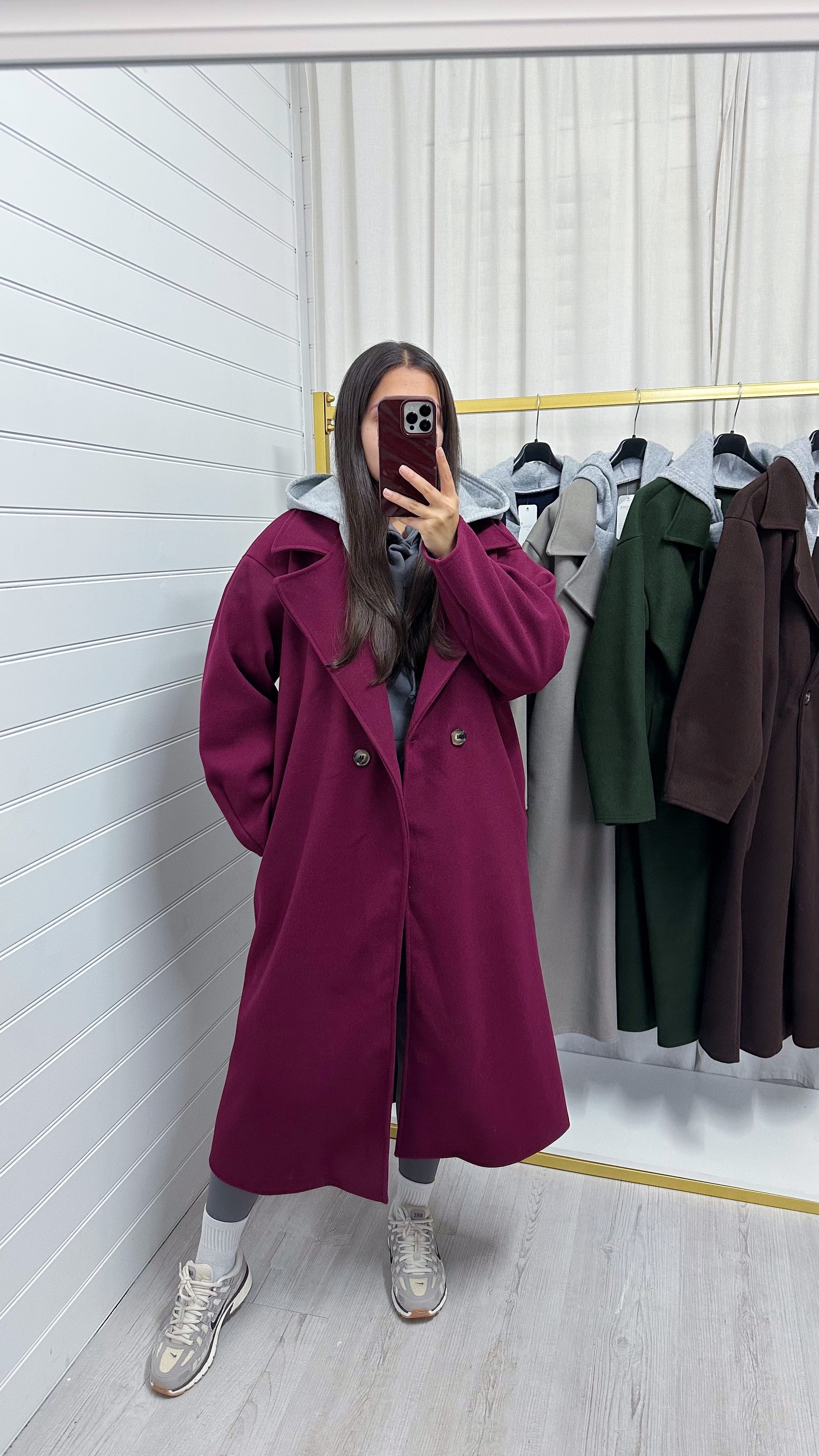 Oversized Woollen Hooded Mac - BERRY