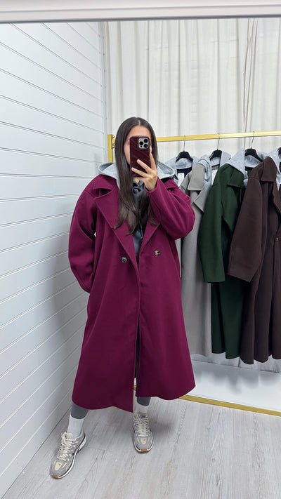 Oversized Woollen Hooded Mac - WINE