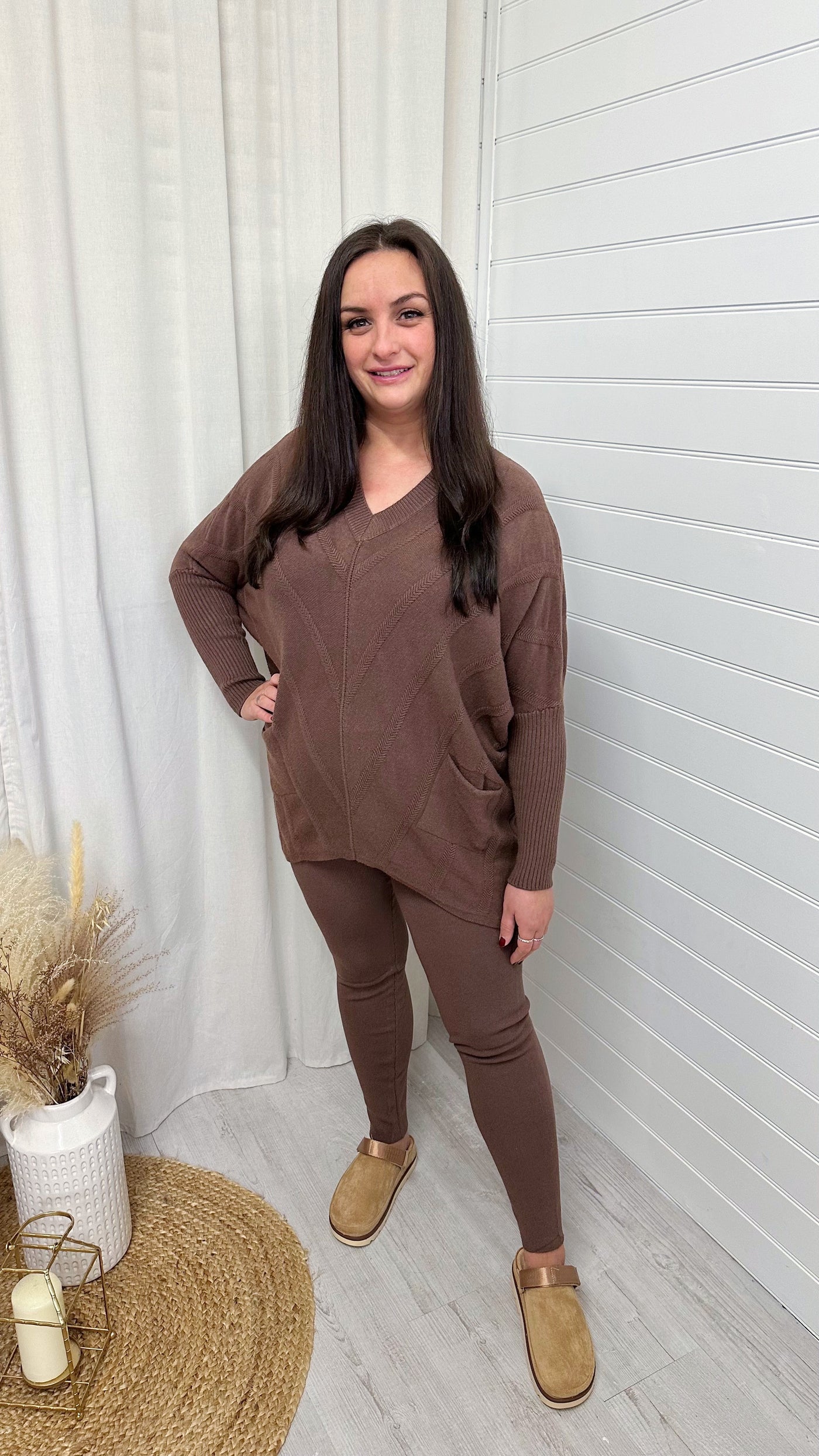 PLUS V Neck Knitted Jumper and Leggings Co-Ord - BROWN