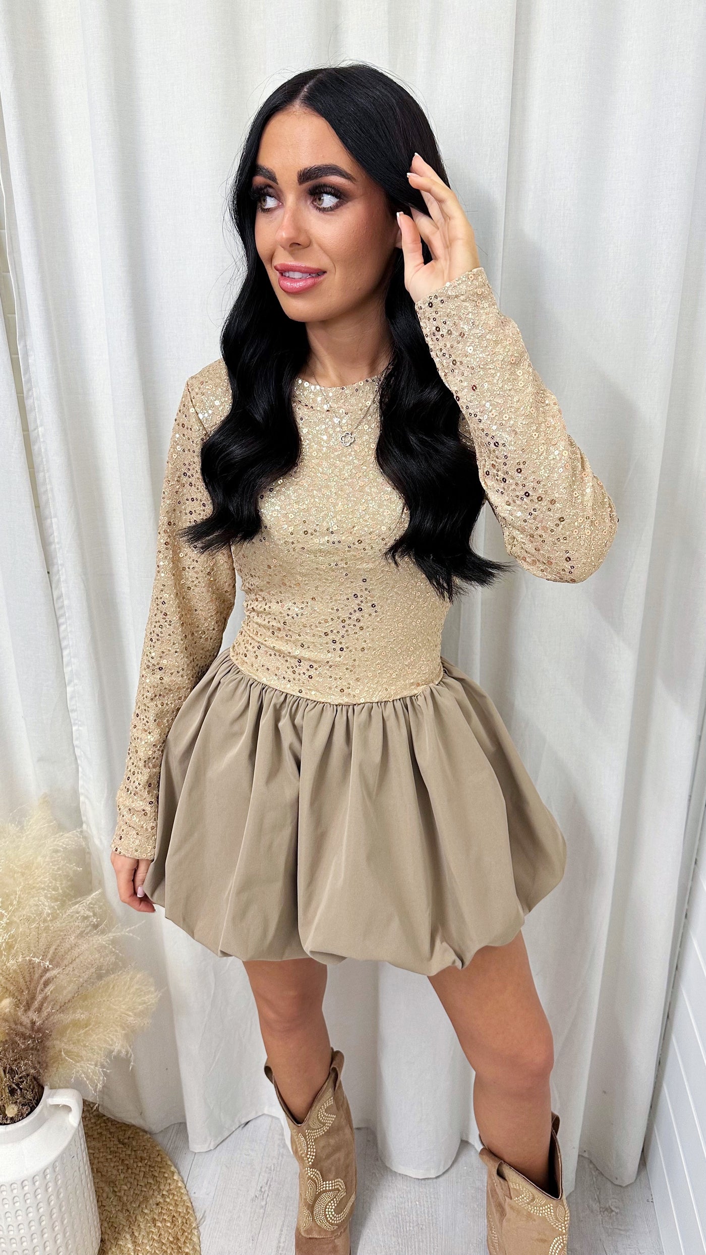 Sequin Puff Ball Dress - BEIGE