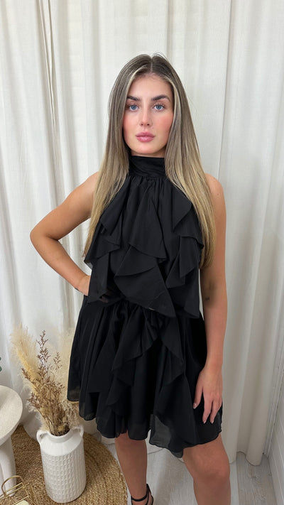 Halter Neck A Line Frill Chiffon Dress - BLACK