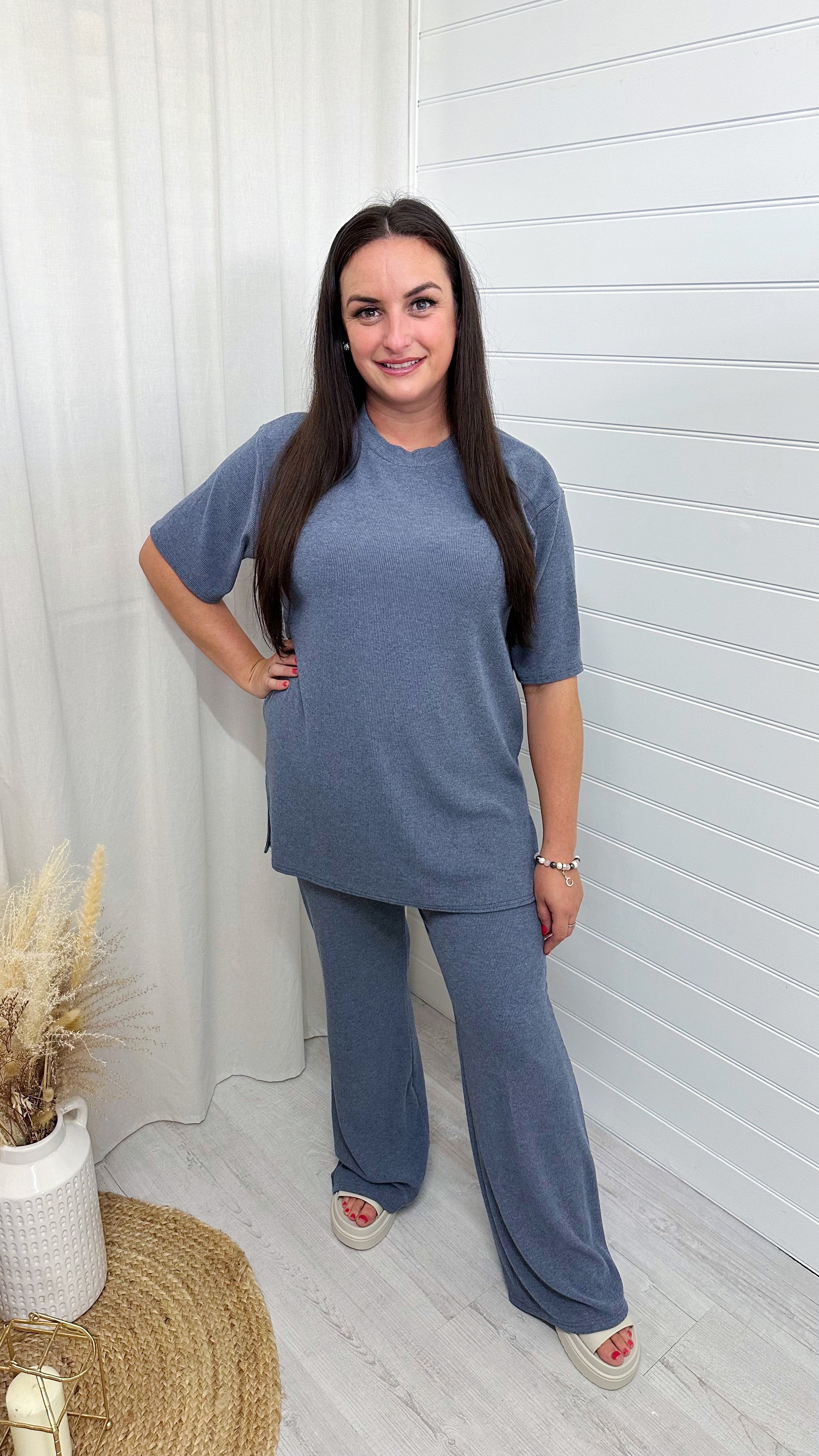 PLUS Soft Premium Ribbed T-Shirt and Straight Leg Trousers Co-Ord - DENIM BLUE