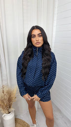 Polka Dot Bomber Jacket and Shorts Co-Ord - NAVY