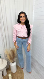 Frill Collar Ruched Sleeve Shirt - PINK