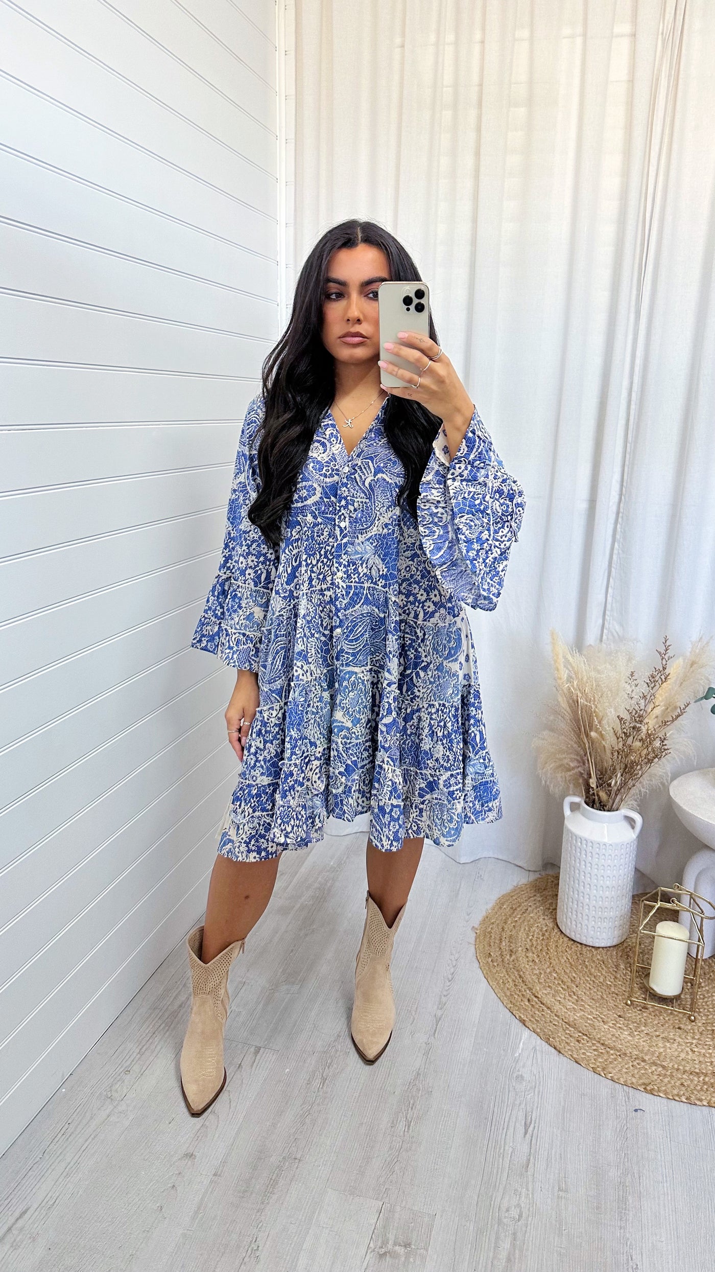Paisley Frill Hem Shirt Dress - BLUE